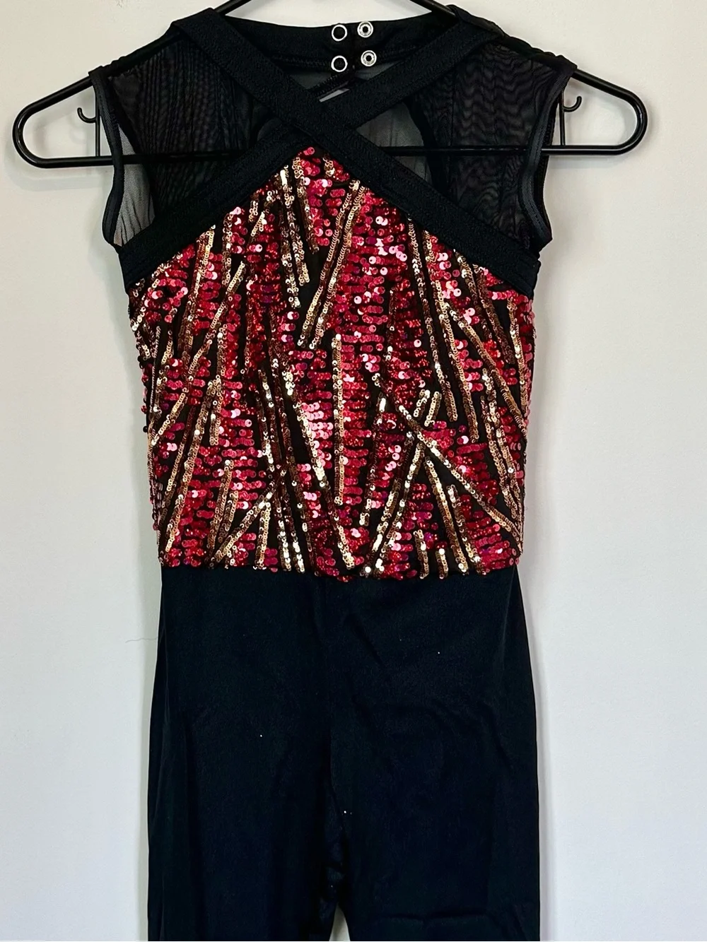Weissman Black Dance Jumpsuit with Red and Gold Sequin Bodice - Size: MC